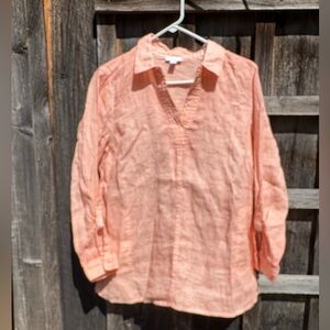 J.Jill Love Linen Coral Pullover Collar V-Neck 3/4 Sleeve Tunic Blouse Pockets